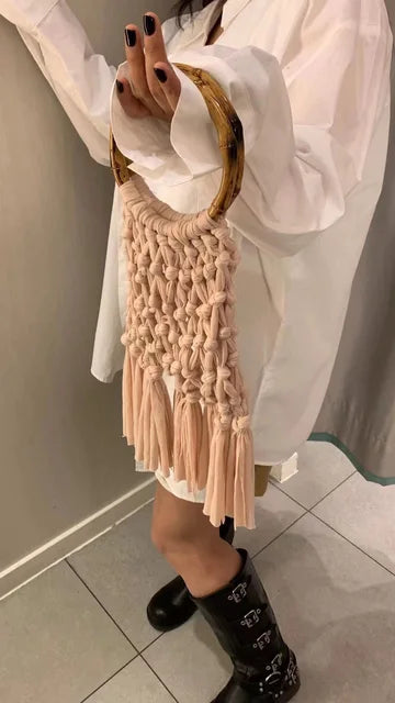 Cotton Knitted Tassel Hollow Bag DIY Hand Woven Bag Circular Handheld Small Bag eprolo