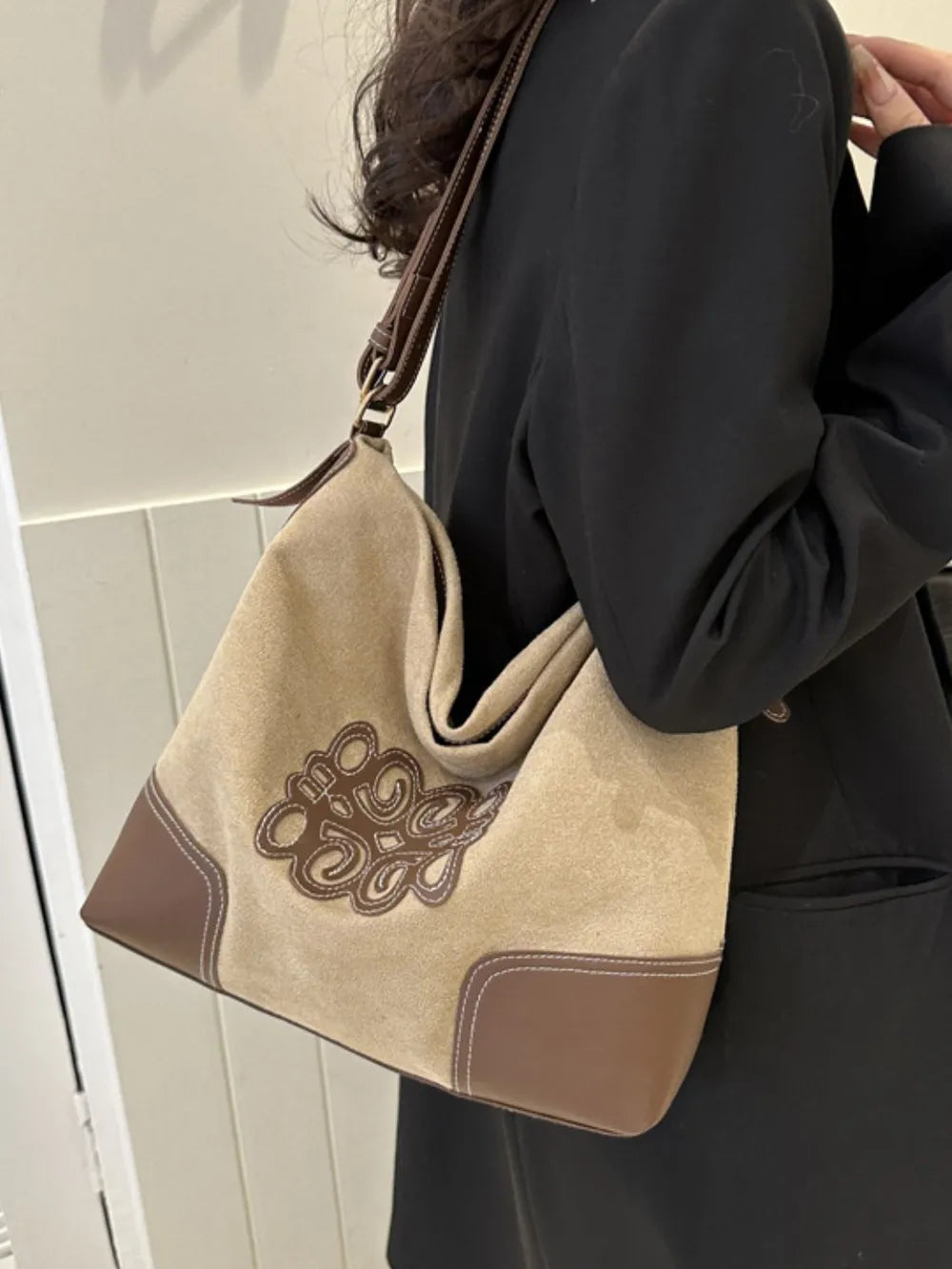 Suede Patch Adjustable Strap Tote Bag eprolo