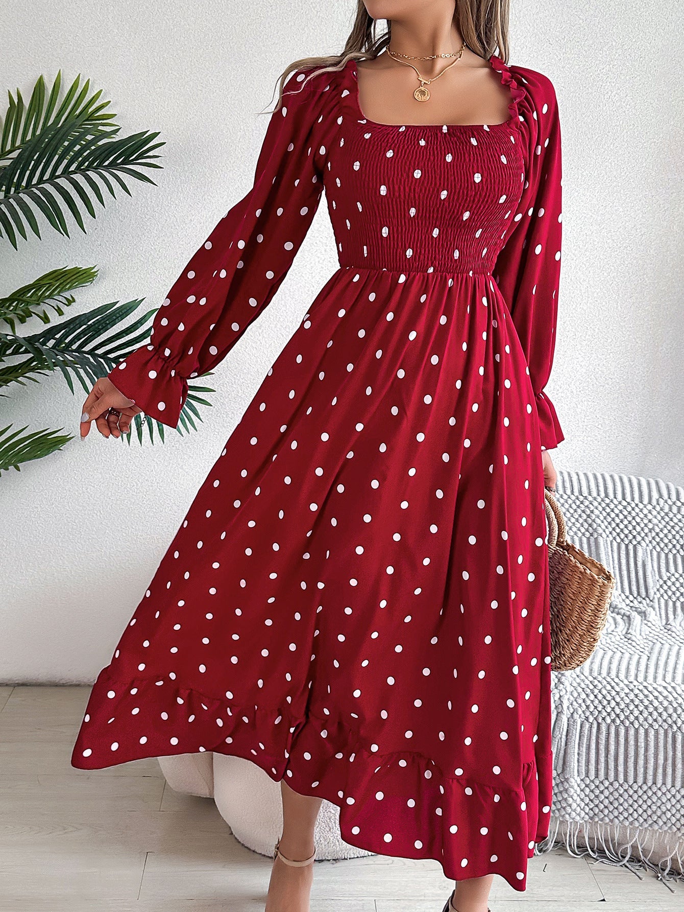 Casual fungus edge square collar polka dot long skirt eprolo