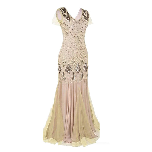 Vintage 1920s Embroidered Beaded Sequin Evening Gown Dress for Women eprolo