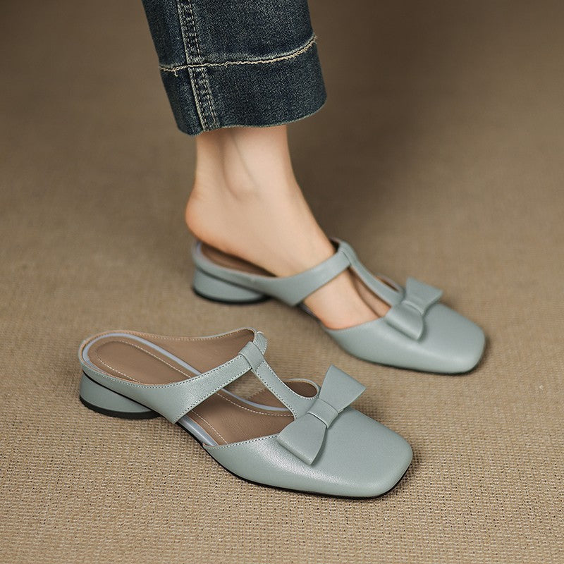 French T-Strap Bowknot Open-Toe Half Slippers Women Sweet Outdoor Backless Sandals Fashion Match eprolo