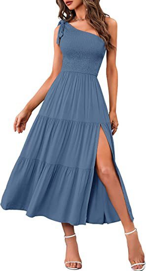 New Summer Fashion Women's One-shoulder Pleated Layered Hem Split Dress Shopera