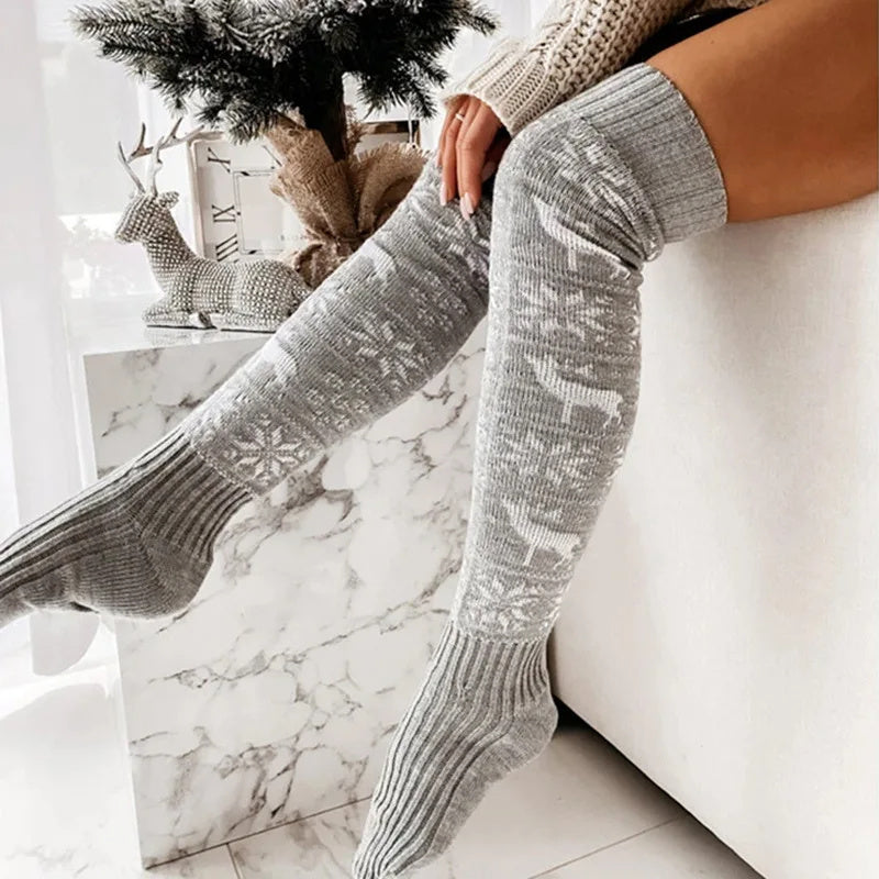 Winter Christmas Warm Knitted Women Stocking Beautiful Elk Snowflake Jacquard Over-the-knee Casual Long Socks For Ladies Gifts Free Size Shopera