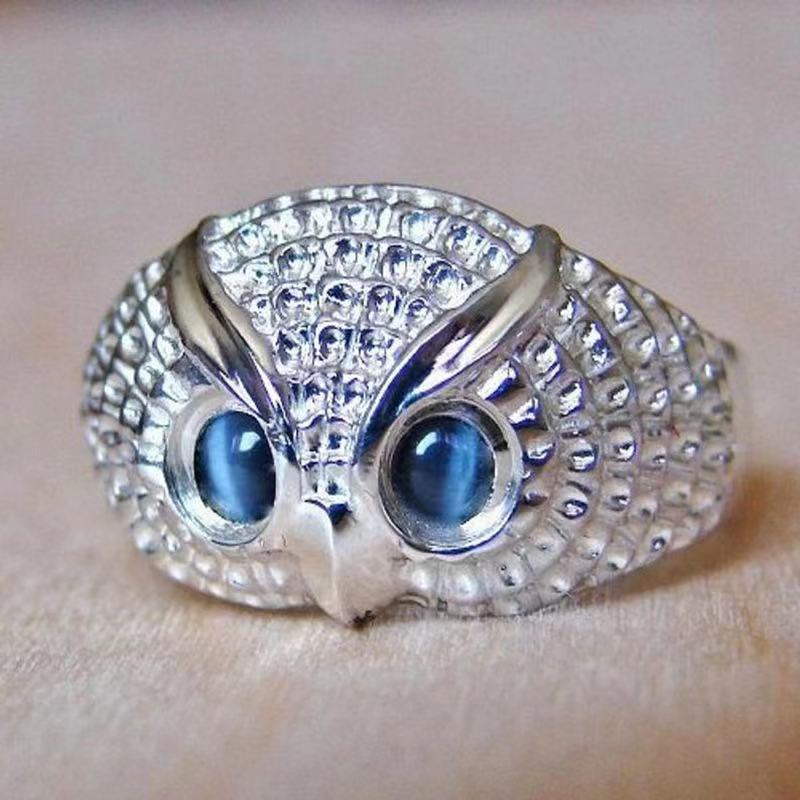 Plain Silver Retro Blue Glasses Owl Jewelry Ring Men And Women Design Owl Ring