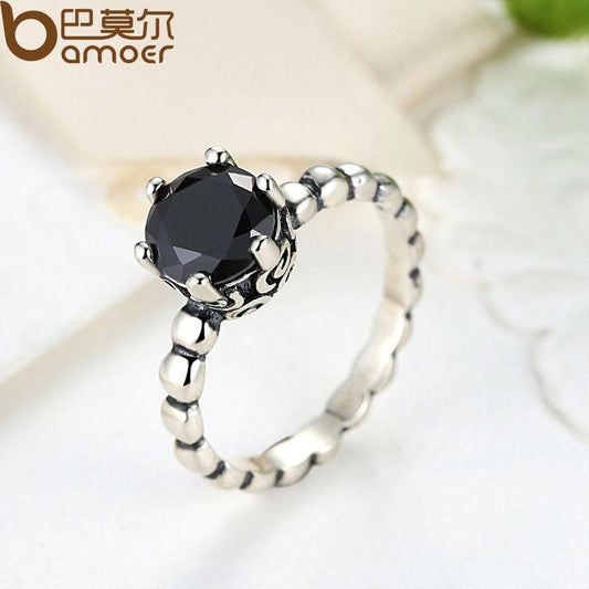 BAMOER Finger Ring with Black Cubic Zirconia Wedding Jewelry PA7205 eprolo