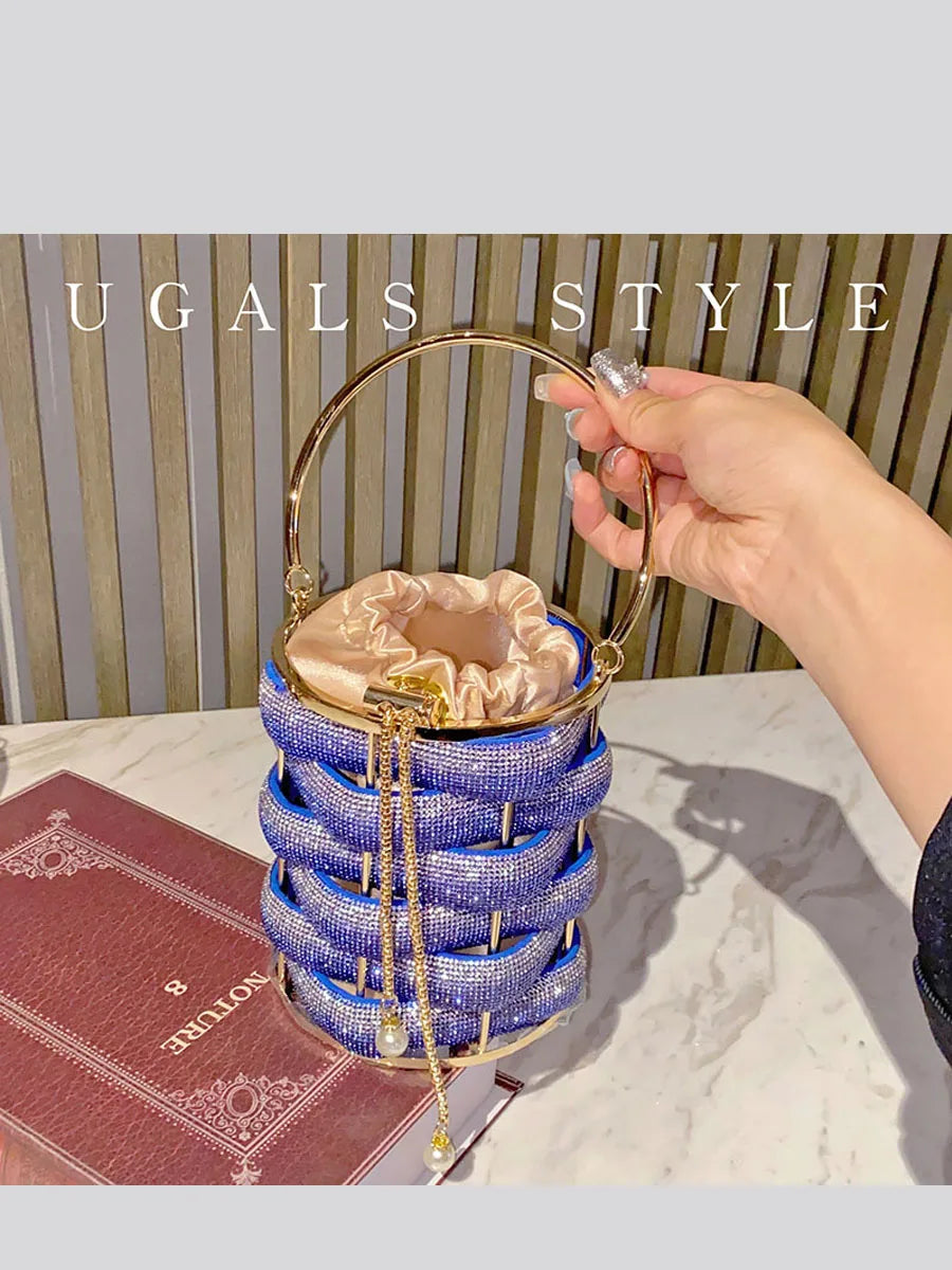 Woven Rhinestone Bucket Bag Woven Clutch Bags Women Boutique Multicolor Crystal Hollow Out Metal Purses And Handbags Wedding eprolo