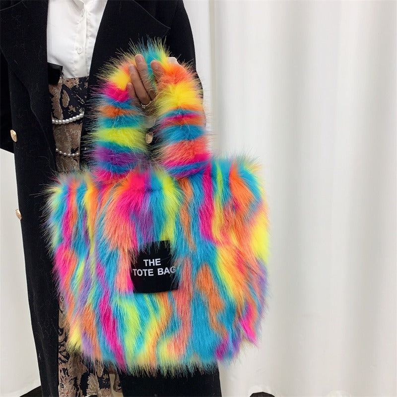 Crossbody Tote Bag Imitation Raccoon Fur Grass Plush Large Capacity Tote Bag Personalized Retro eprolo