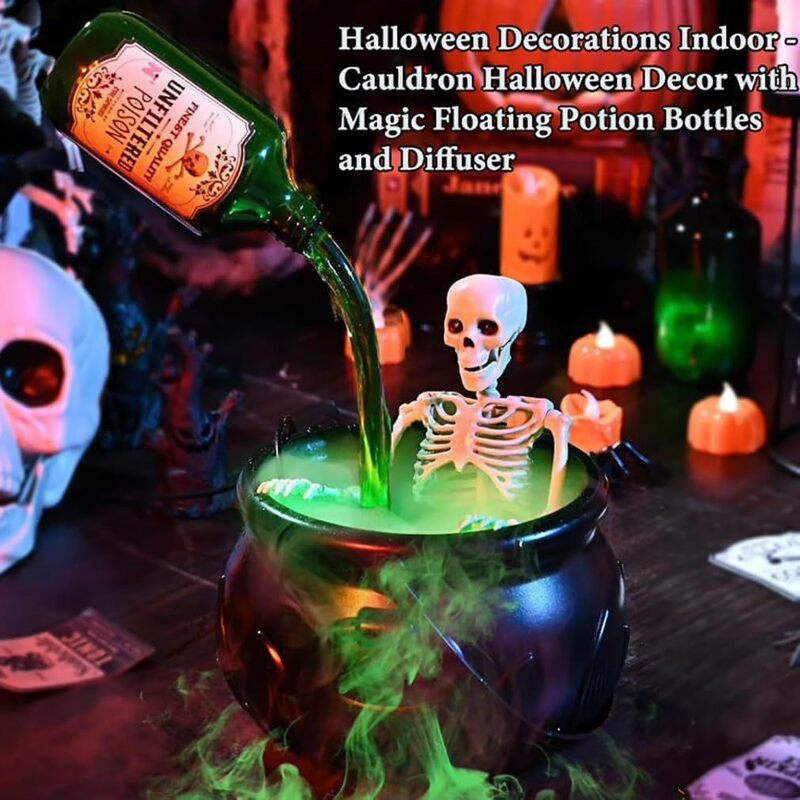 Halloween Spooky Witch Decor: Witch Cauldron, Floating Bottle Fog Machine & Skull LED Light – For Party & Home eprolo