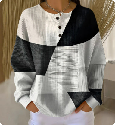 Retro 3D Digital Print Three-button Stand Collar Top