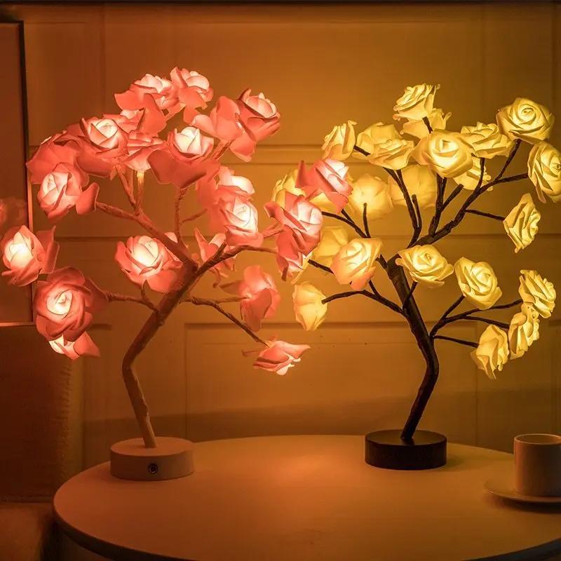 Rose Flower Lamp USB Battery Operated LED Table Lamp Bonsai Tree Night Lights Garland Bedroom Decoration Lights Home Decor null