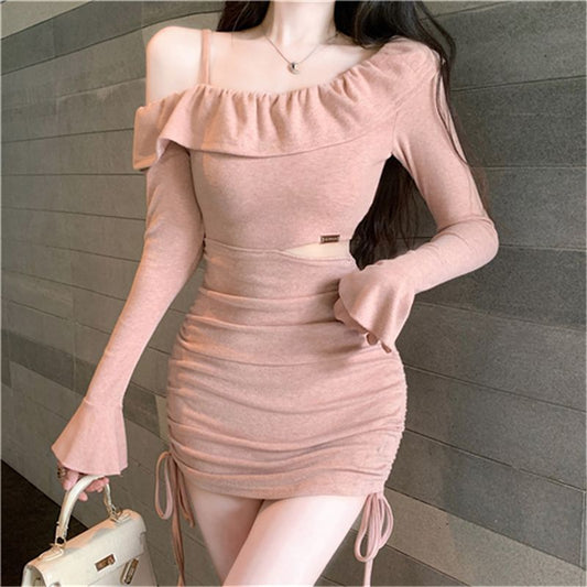 Asymmetrical Ruffle Flare Sleeve Dress for Women Sexy Pure Desire Style Waist-Cinching Bodycon Short Dress eprolo