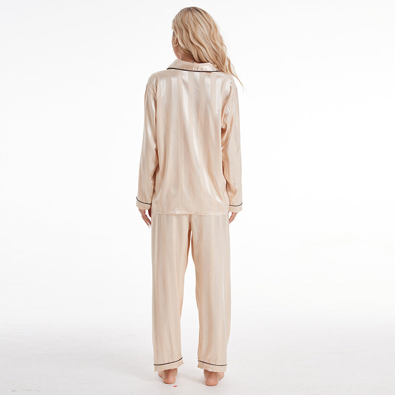 Artificial Silk Bold Stripes Long-sleeved Home Wear European And American Style Pajamas Plus Size Shopera