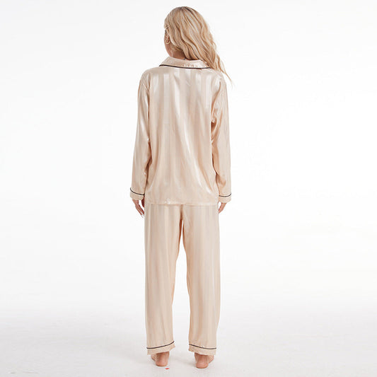 Artificial Silk Bold Stripes Long-sleeved Home Wear European And American Style Pajamas Plus Size Shopera