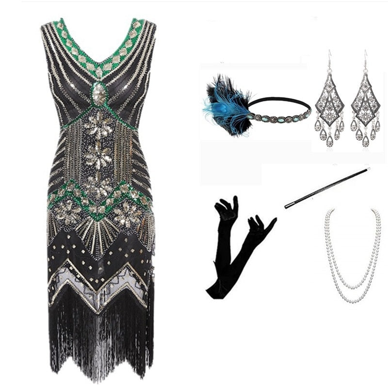 Vintage Gatsby Dress with Front and Back V-Neck Beaded Sequin Fringe 1920s Style Cocktail Party Performance Set eprolo