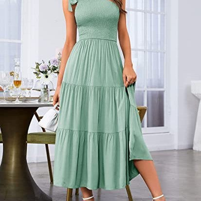 New Summer Fashion Women's One-shoulder Pleated Layered Hem Split Dress Shopera
