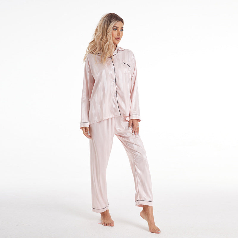 Artificial Silk Bold Stripes Long-sleeved Home Wear European And American Style Pajamas Plus Size Shopera
