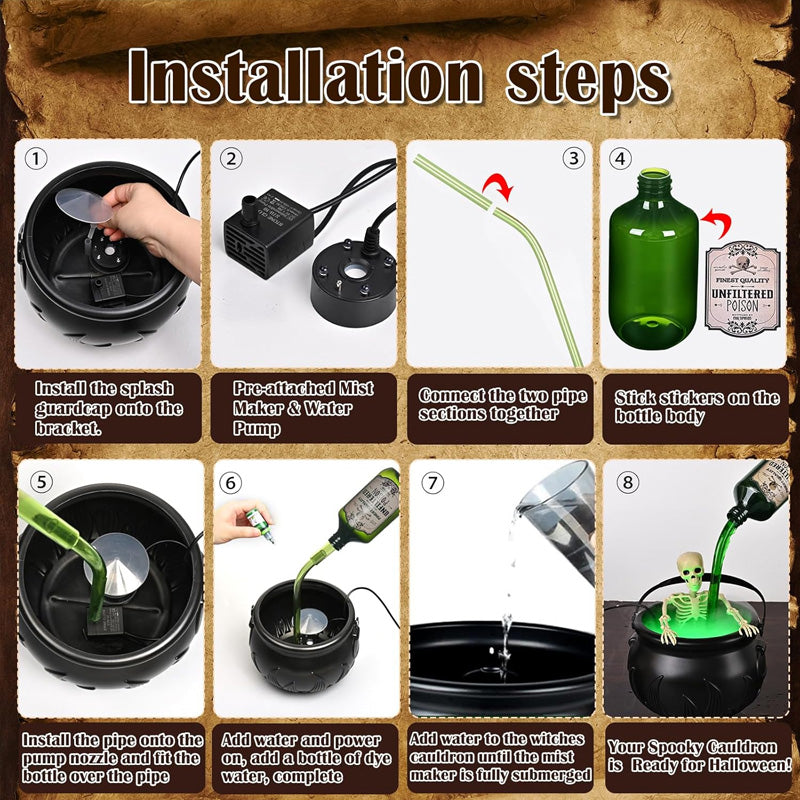 Halloween Spooky Witch Decor: Witch Cauldron, Floating Bottle Fog Machine & Skull LED Light – For Party & Home eprolo
