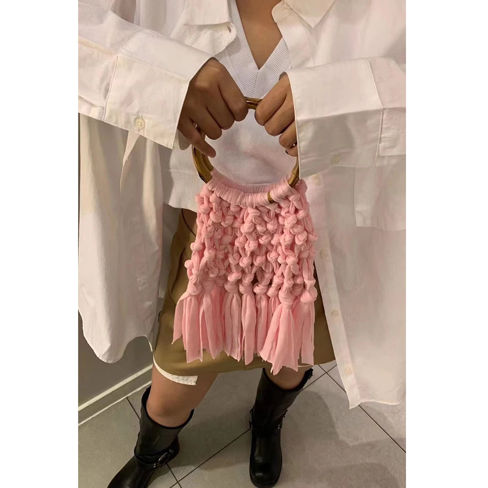 Cotton Knitted Tassel Hollow Bag DIY Hand Woven Bag Circular Handheld Small Bag eprolo