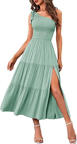New Summer Fashion Women's One-shoulder Pleated Layered Hem Split Dress Shopera