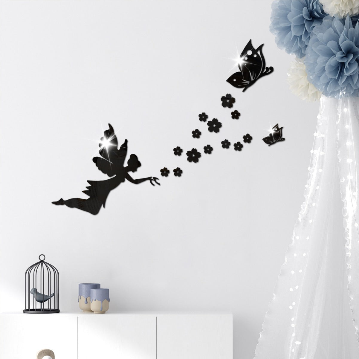 Angelic Flying Mirror Wall Stickers, Fairy Scattering Flowers Acrylic DIY Decorations for Living Room and Dining Room, New Arrival Butterfly and Flower Designs eprolo
