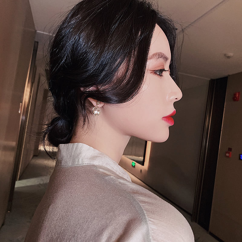 925 Silver Needle Korean Personalized Zircon Cat Earrings Mesh Red Korean Edition Diamond Star Moon Earrings Elegant Versatile Women eprolo