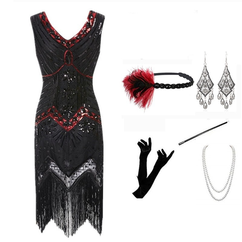 Vintage Gatsby Dress with Front and Back V-Neck Beaded Sequin Fringe 1920s Style Cocktail Party Performance Set eprolo