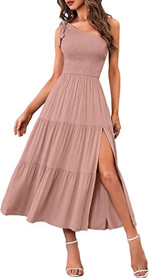 New Summer Fashion Women's One-shoulder Pleated Layered Hem Split Dress Shopera
