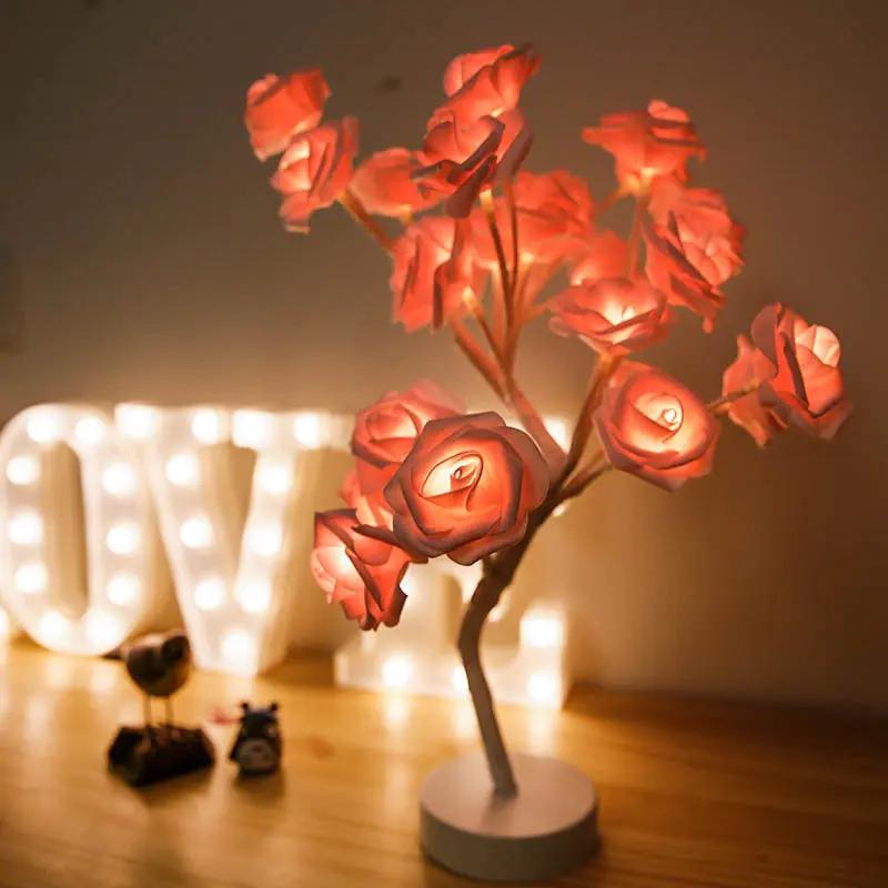 Rose Flower Lamp USB Battery Operated LED Table Lamp Bonsai Tree Night Lights Garland Bedroom Decoration Lights Home Decor null