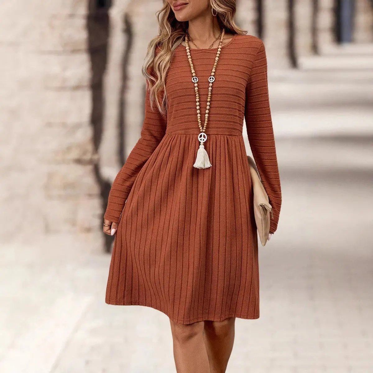 Solid Color Round Neck Long Sleeve Casual Dress null