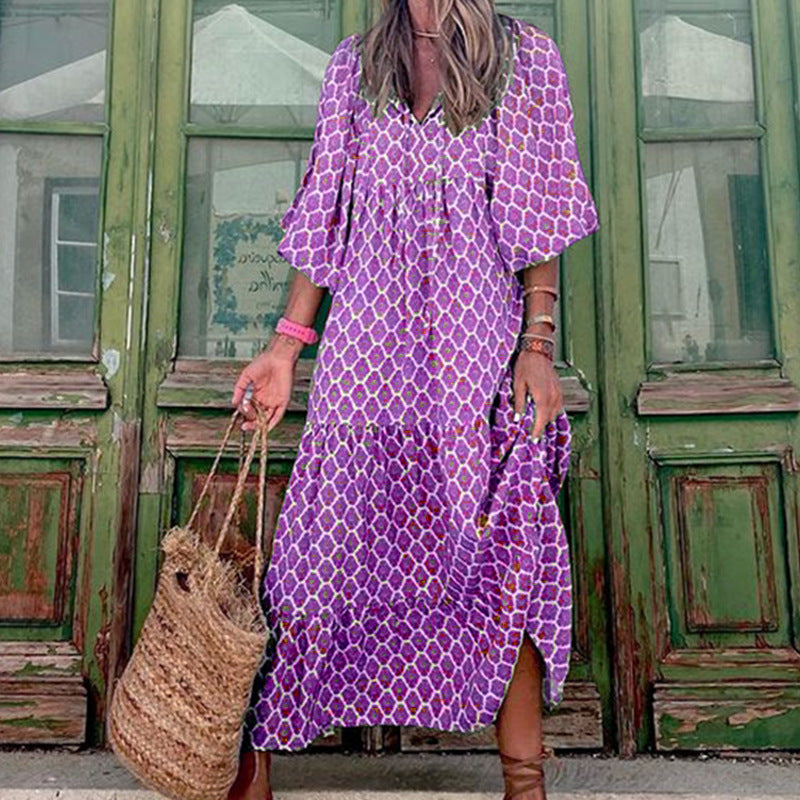 Summer Women's Vintage Printed Bohemian Dress Elegant Ladies Casual Loose V-Neck Short Sleeve Long Dresses Shopera