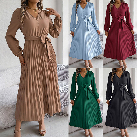 V-neck button tied pleated long skirt dress eprolo