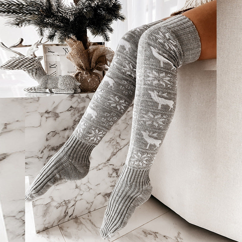 Winter Christmas Warm Knitted Women Stocking Beautiful Elk Snowflake Jacquard Over-the-knee Casual Long Socks For Ladies Gifts Free Size Shopera