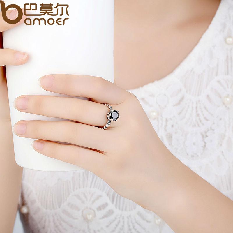 BAMOER Finger Ring with Black Cubic Zirconia Wedding Jewelry PA7205 eprolo