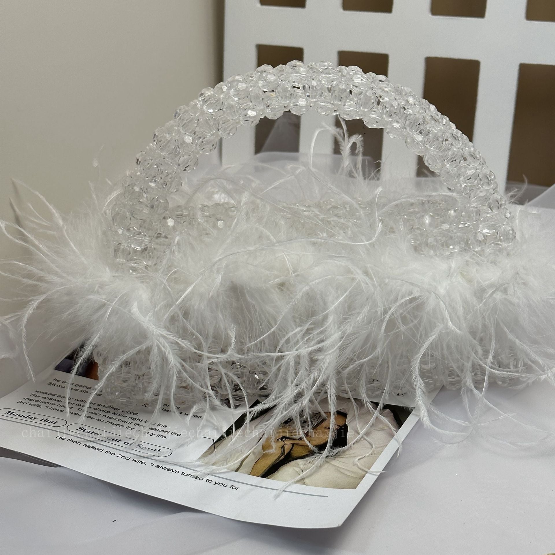 Pearl bead bag with Ostrich feather fur designer brand Clear Acrylic crystal stone box tote handbag women handmade party purse eprolo