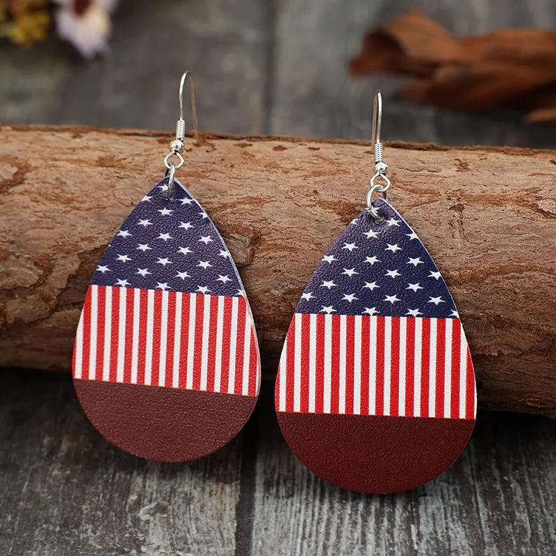 Stars and Stripes PU Leather Teardrop Earrings eprolo