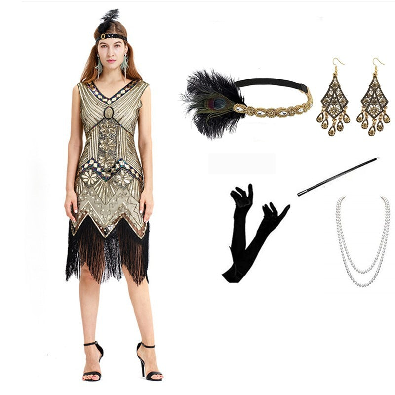 Vintage Gatsby Dress with Front and Back V-Neck Beaded Sequin Fringe 1920s Style Cocktail Party Performance Set eprolo