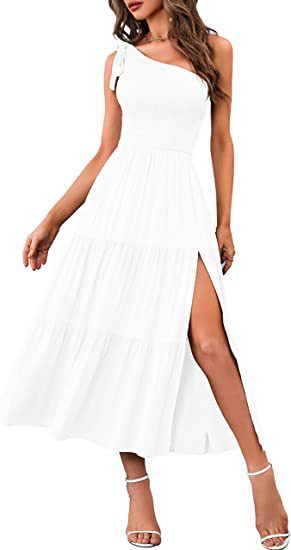 New Summer Fashion Women's One-shoulder Pleated Layered Hem Split Dress Shopera