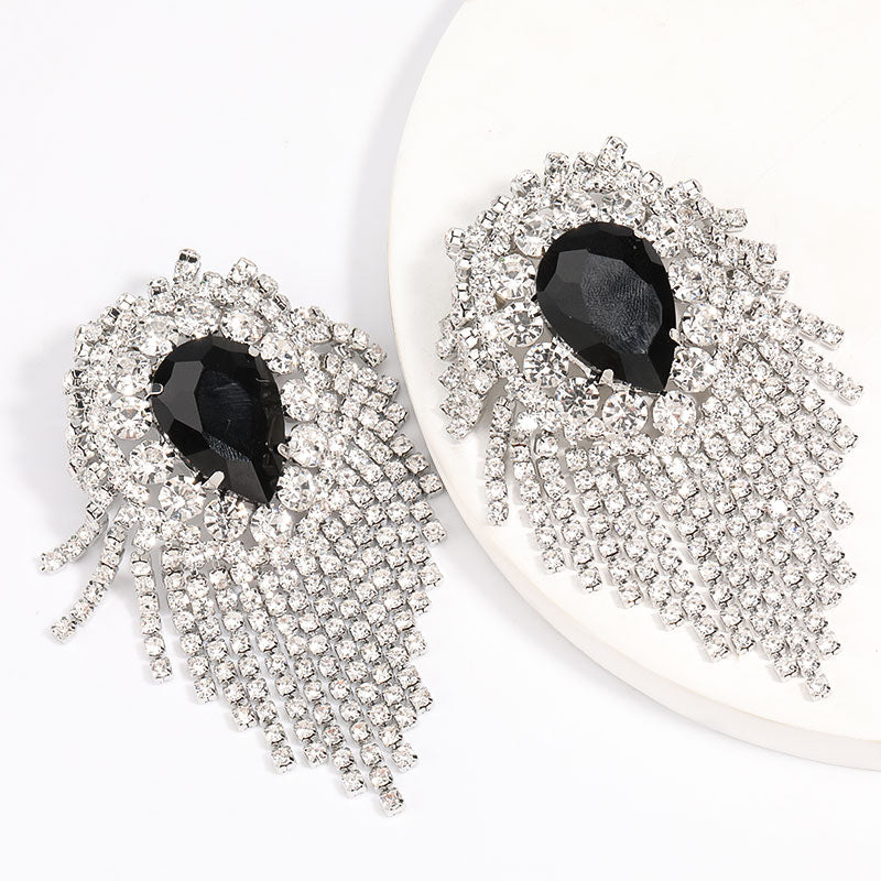 Exaggerated Style Alloy Diamond Rhinestone Water Drop-Shaped Glass Drill Tassel Earrings Female Super Flash Dinner Claw Chain Earrings eprolo