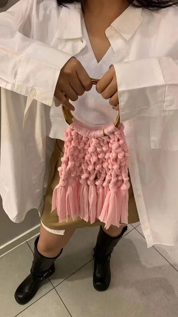 Cotton Knitted Tassel Hollow Bag DIY Hand Woven Bag Circular Handheld Small Bag eprolo