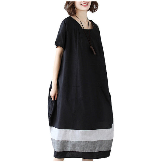 Cotton And Linen Short Sleeve Dress Large Size Women's Mid Length Shopera
