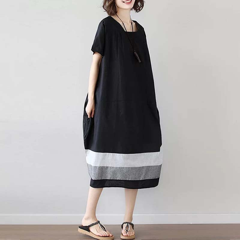 Cotton And Linen Short Sleeve Dress Large Size Women's Mid Length Shopera