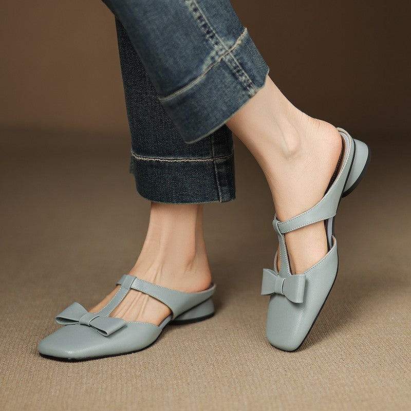 French T-Strap Bowknot Open-Toe Half Slippers Women Sweet Outdoor Backless Sandals Fashion Match eprolo
