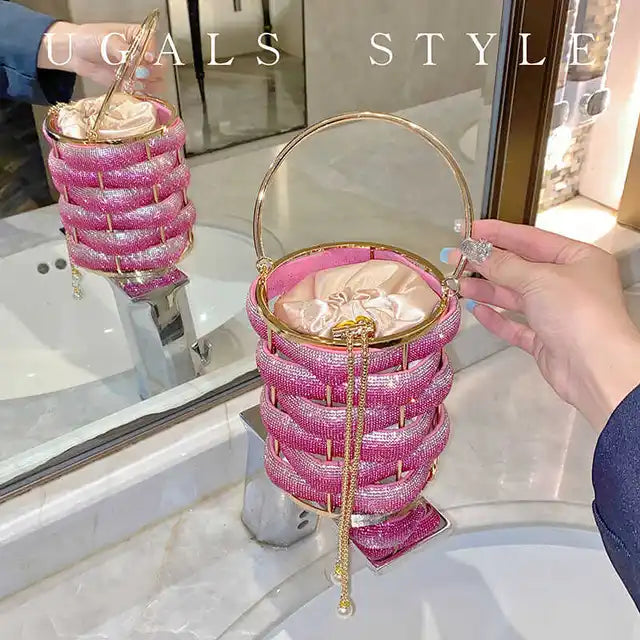 Woven Rhinestone Bucket Bag Woven Clutch Bags Women Boutique Multicolor Crystal Hollow Out Metal Purses And Handbags Wedding eprolo