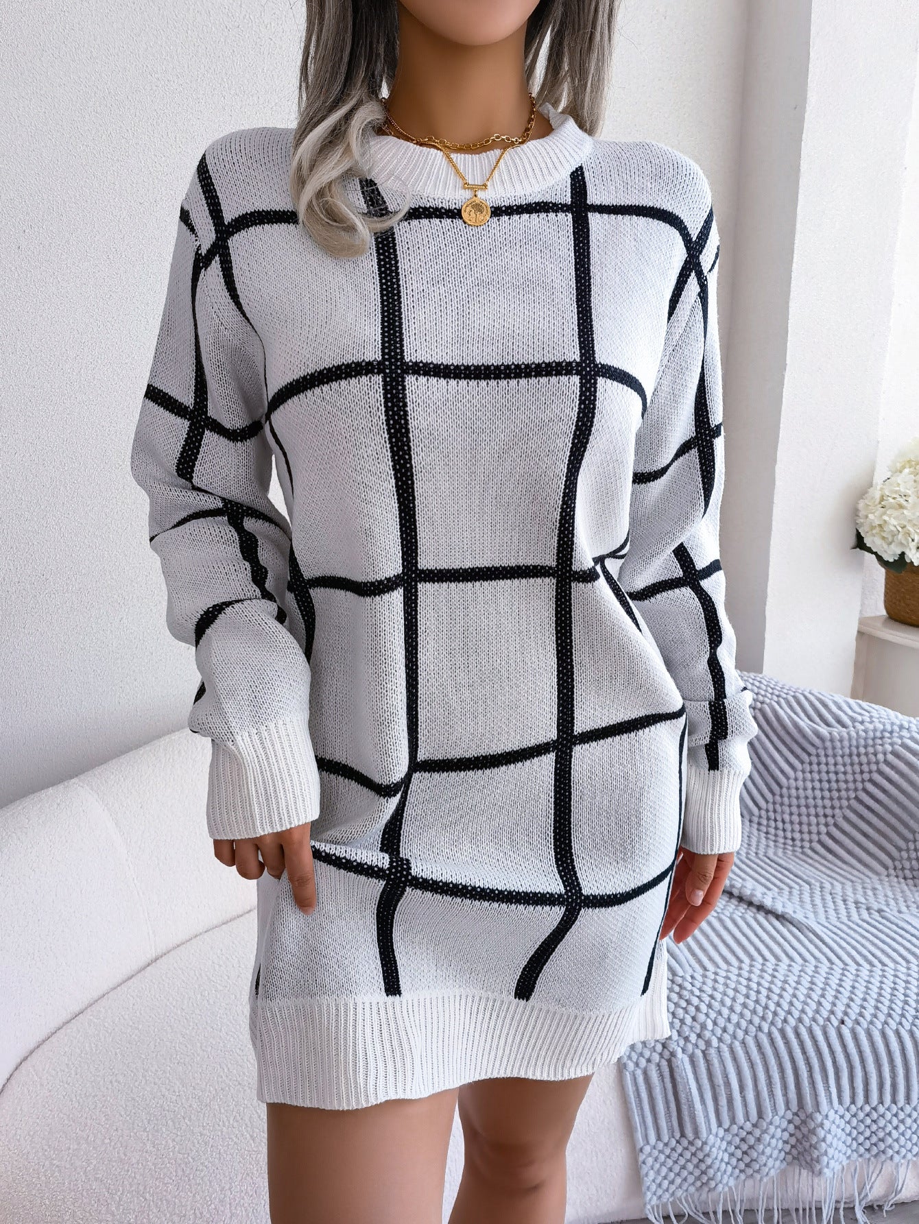 Casual contrasting plaid long sleeved base woolen dress eprolo