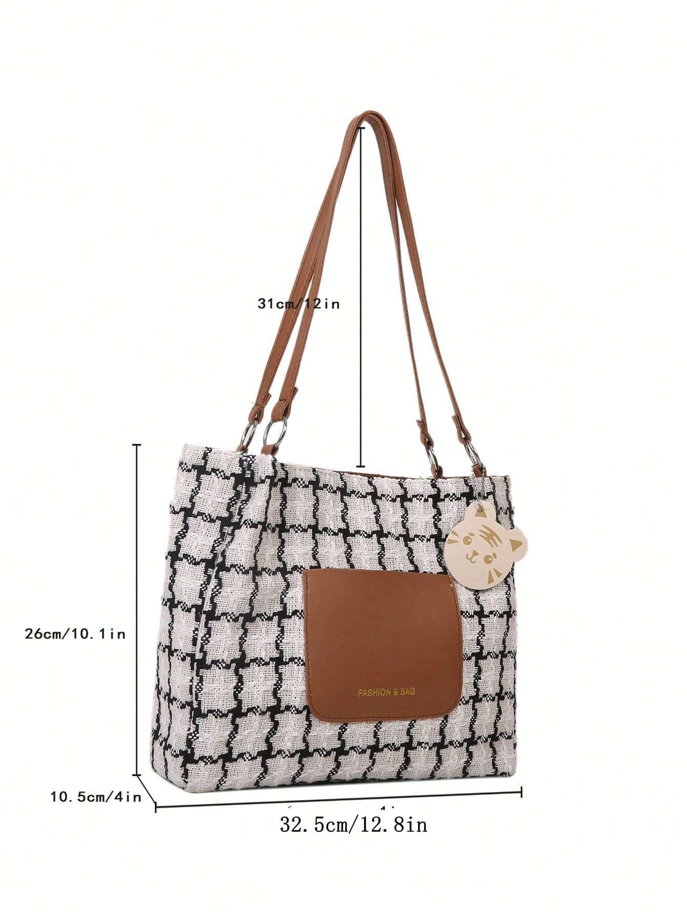 Plaid Shoulder Bag For Women, Large Capacity, Fashionable Commuting Plaid Casual Tote Bag With Pendant Shopera