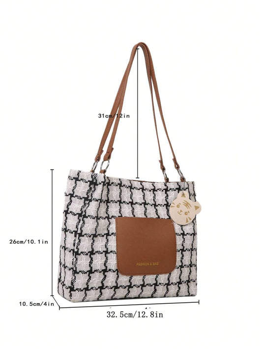 Plaid Shoulder Bag For Women, Large Capacity, Fashionable Commuting Plaid Casual Tote Bag With Pendant Shopera