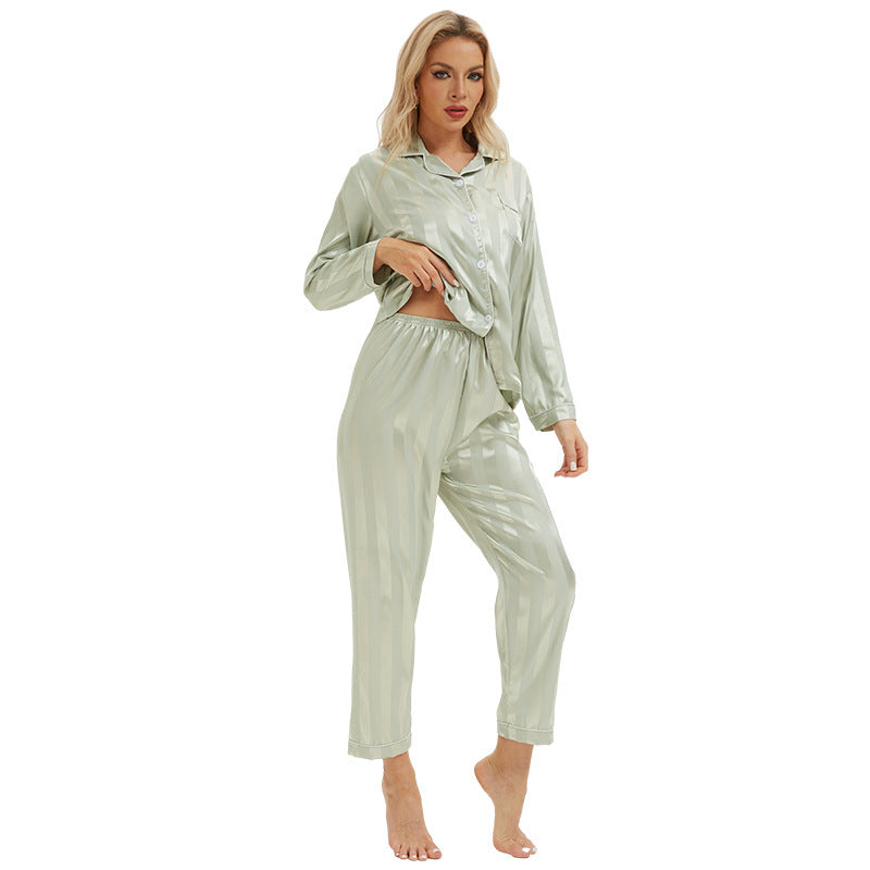 Artificial Silk Bold Stripes Long-sleeved Home Wear European And American Style Pajamas Plus Size Shopera