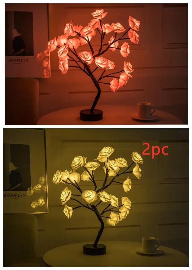 Rose Flower Lamp USB Battery Operated LED Table Lamp Bonsai Tree Night Lights Garland Bedroom Decoration Lights Home Decor null