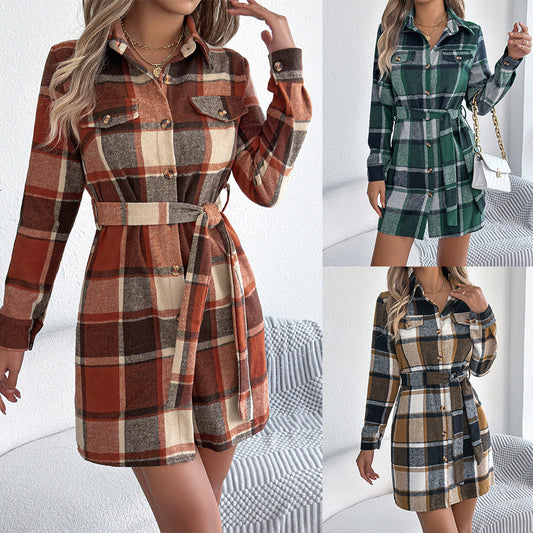 Checkered fake pocket long sleeved lace up woolen shirt skirt eprolo