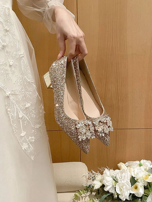 Silver French style mid heeled shoes for women's new square buckle wedding shoes and bridesmaid shoes eprolo